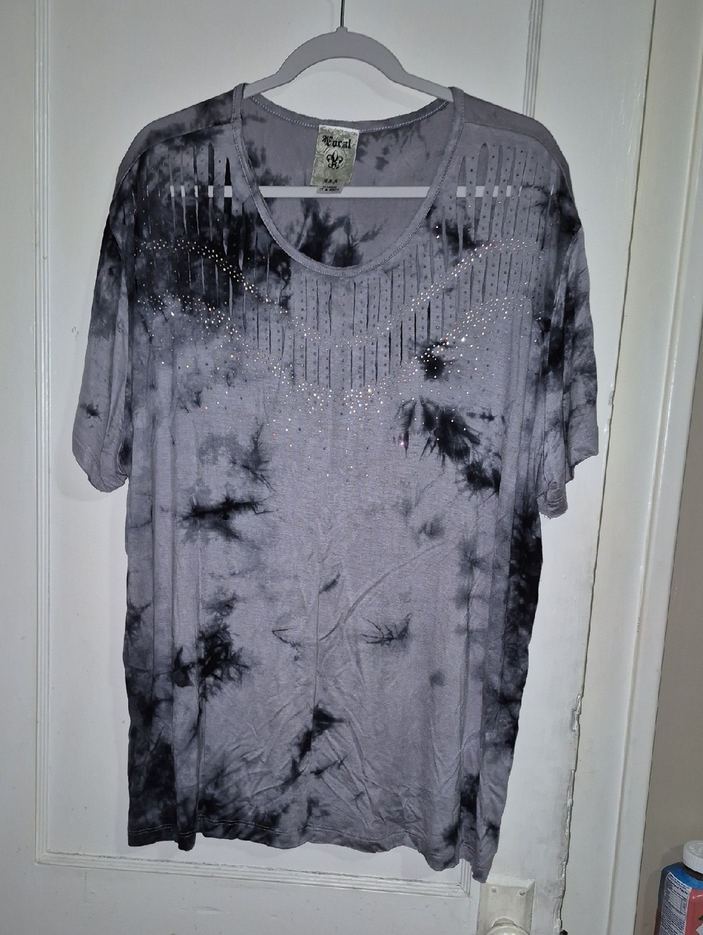 Vocal Gray Black Tie-Dye Short Sleeve Top with Stud Accents
